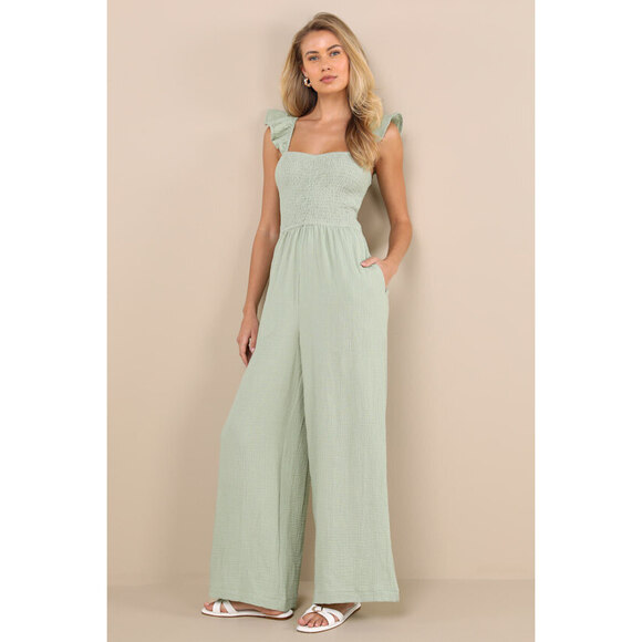 Lulus Pants - Lulus Daniyah Sage Green Smocked Flutter Sleeve Wide-leg Jumpsuit - Size S